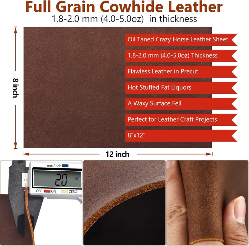 TeeLiy Genuine Leather Tooling Sheets 1.8-2.0MM Thick Full Grain Oil Tan Crazy Horse Cowhide Leather Sheets for Crafts Tooling Sewing Wallet Earring Hobby (Brown, 8"x12") - Image 2